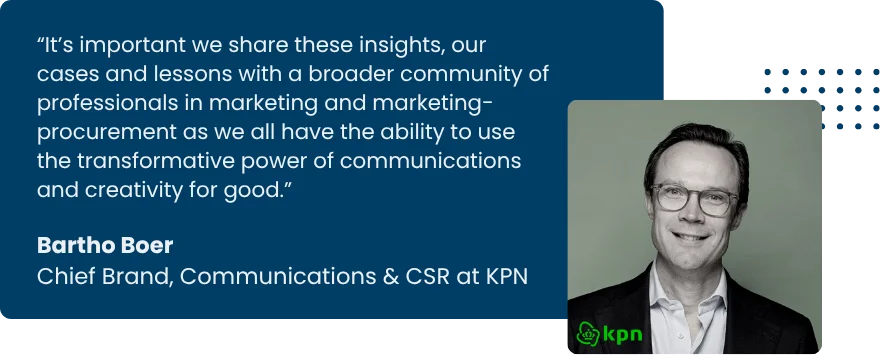Bartho Boer, Chief Brand, Communications & CSR at KPN, is pictured in a black-and-white portrait on the right side of the image, wearing glasses and a suit, smiling at the camera. On the left side, a quote reads: “It’s important we share these insights, our cases and lessons with a broader community of professionals in marketing and marketing-procurement as we all have the ability to use the transformative power of communications and creativity for good.” The KPN logo is visible on the portrait, the quote is related to telecom brands.