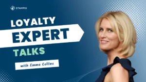 Promotional banner for 'Loyalty Expert Talks' featuring Emma Collins. The design includes bold text on a blue gradient background with dynamic patterns, and a portrait of a smiling blonde woman in a dark dress on the right. The Stampix logo is at the top left