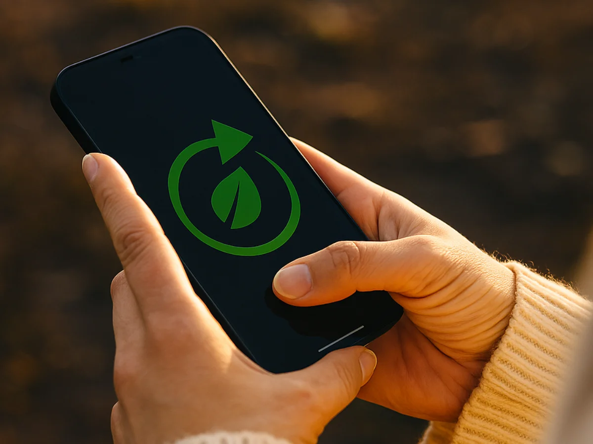Hands holding a smartphone outdoors, with a green sustainability icon (leaf and circular arrows) displayed on the screen, symbolizing eco-friendly technology and responsible digital connectivity.