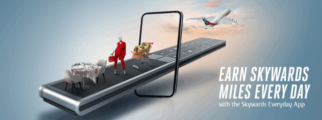 Promotional image for the Skywards Everyday App showing a smartphone shaped like a runway. On the runway are a dining table, a mannequin in a red outfit, and a shopping cart full of groceries. An airplane takes off in the background with the text: ‘Earn Skywards Miles Every Day with the Skywards Everyday App.’