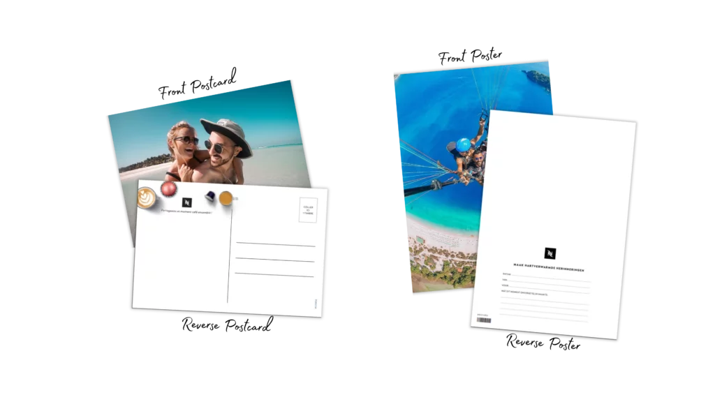Two Nespresso-branded photo prints from the Summer Memories campaign — one postcard showing a couple at the beach, and one XL poster of friends paragliding above the sea — showcasing personalised Photo Rewards created with Stampix.