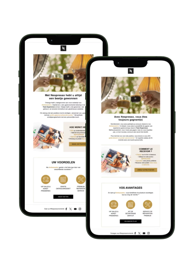 Two smartphones showing Nespresso’s bilingual campaign emails in Dutch and French, inviting Ambassadors to claim their personalised photo gift through Stampix.