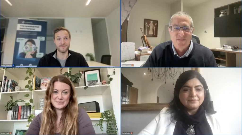 Stampix webinar panel with Simon Tavernier, Adam Posner, Kirsty Chalk and Neha Maleri discussing how a birthday reward creates joy.