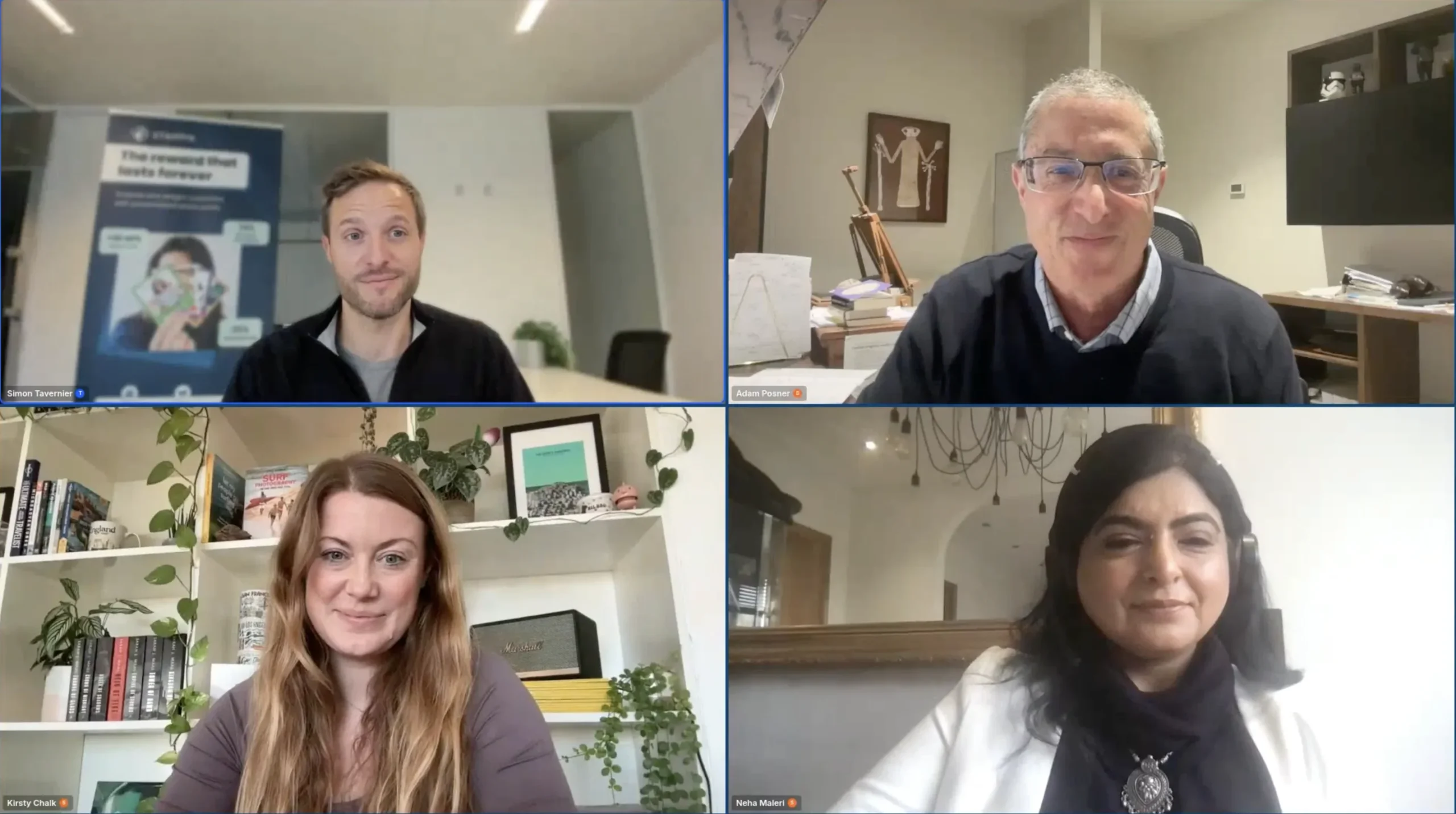 Stampix webinar panel with Simon Tavernier, Adam Posner, Kirsty Chalk and Neha Maleri discussing how a birthday reward creates joy.
