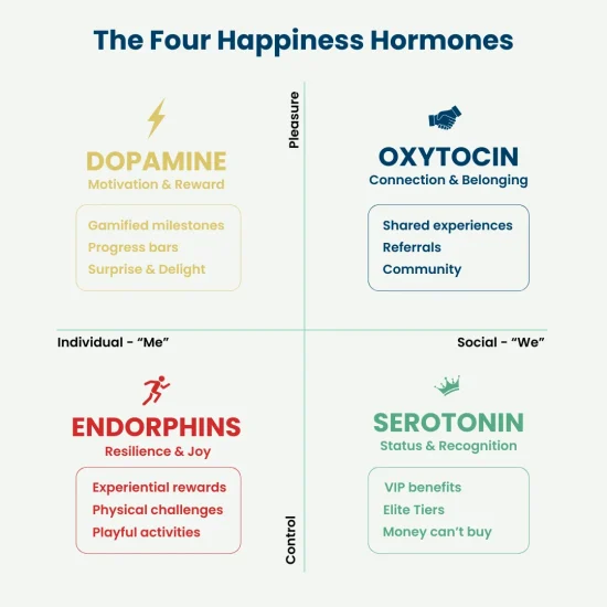 Infographic showing the four happiness hormones—dopamine, oxytocin, endorphins, and serotonin—and how they drive motivation, belonging, joy, and recognition in customer loyalty and brand engagement.